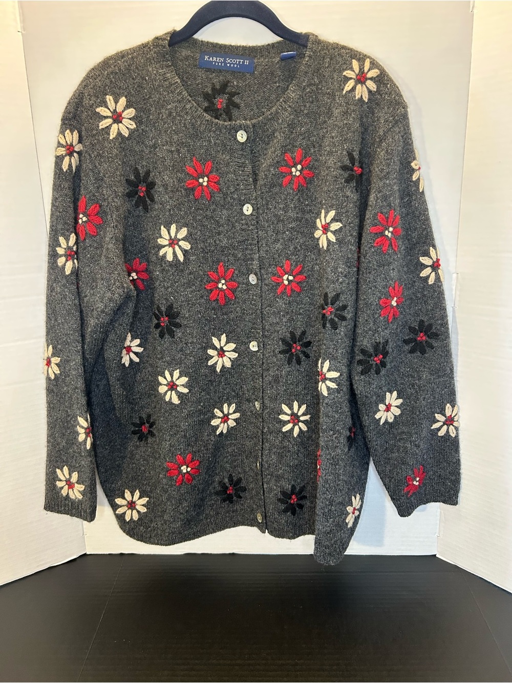 Karen Scott Cardigan Sweater Women 2X Gray Wool Floral Embroidered Button Up